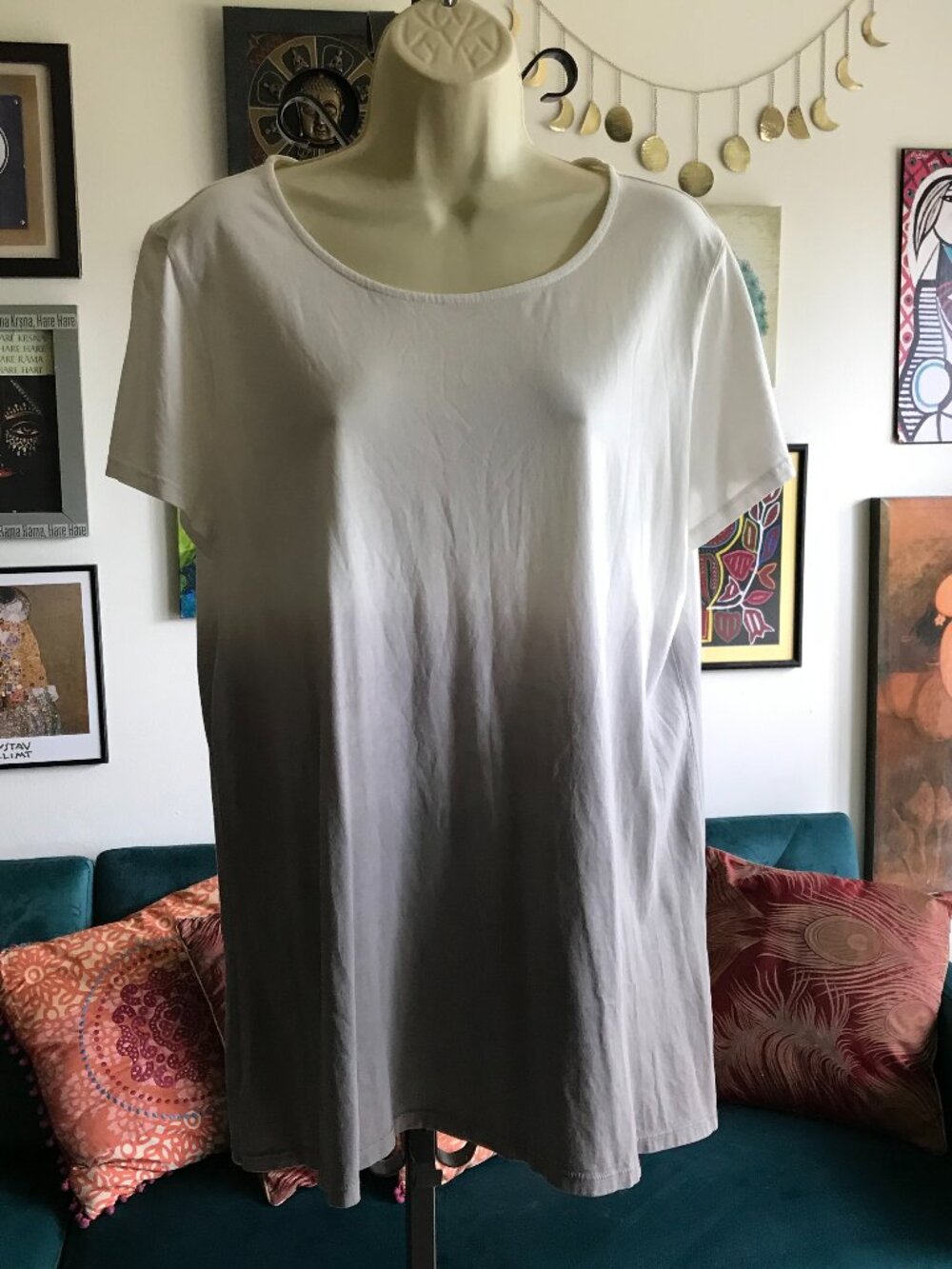 PURE JILL size L Pima Cotton White & Gray Ombre Scoop Neck Elliptical Tee J JILL